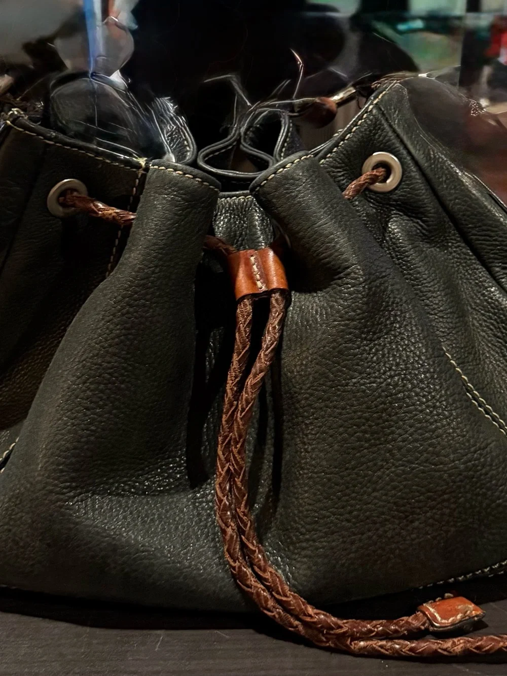 VTG Fossil black pebbled leather hobo bucket bag